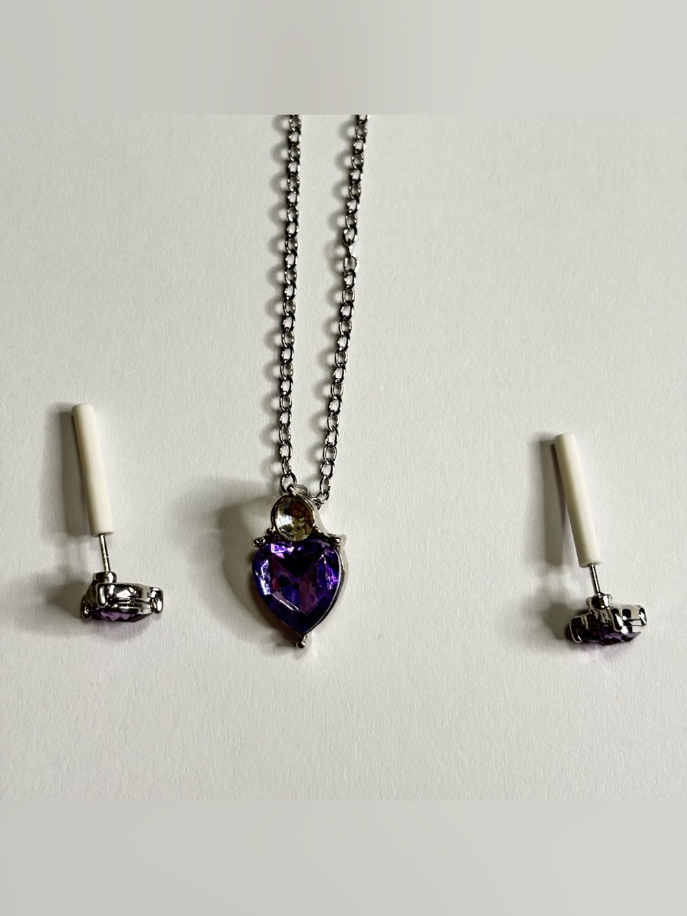 Silver Necklace and Earrings Set with Light Purple Hearts 2 pc set